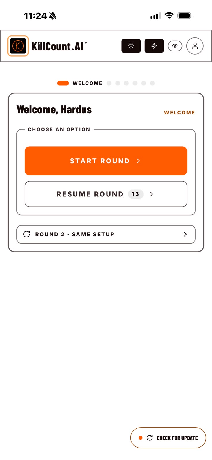 KillCountAI welcome screen with start round, resume round and same-setup options